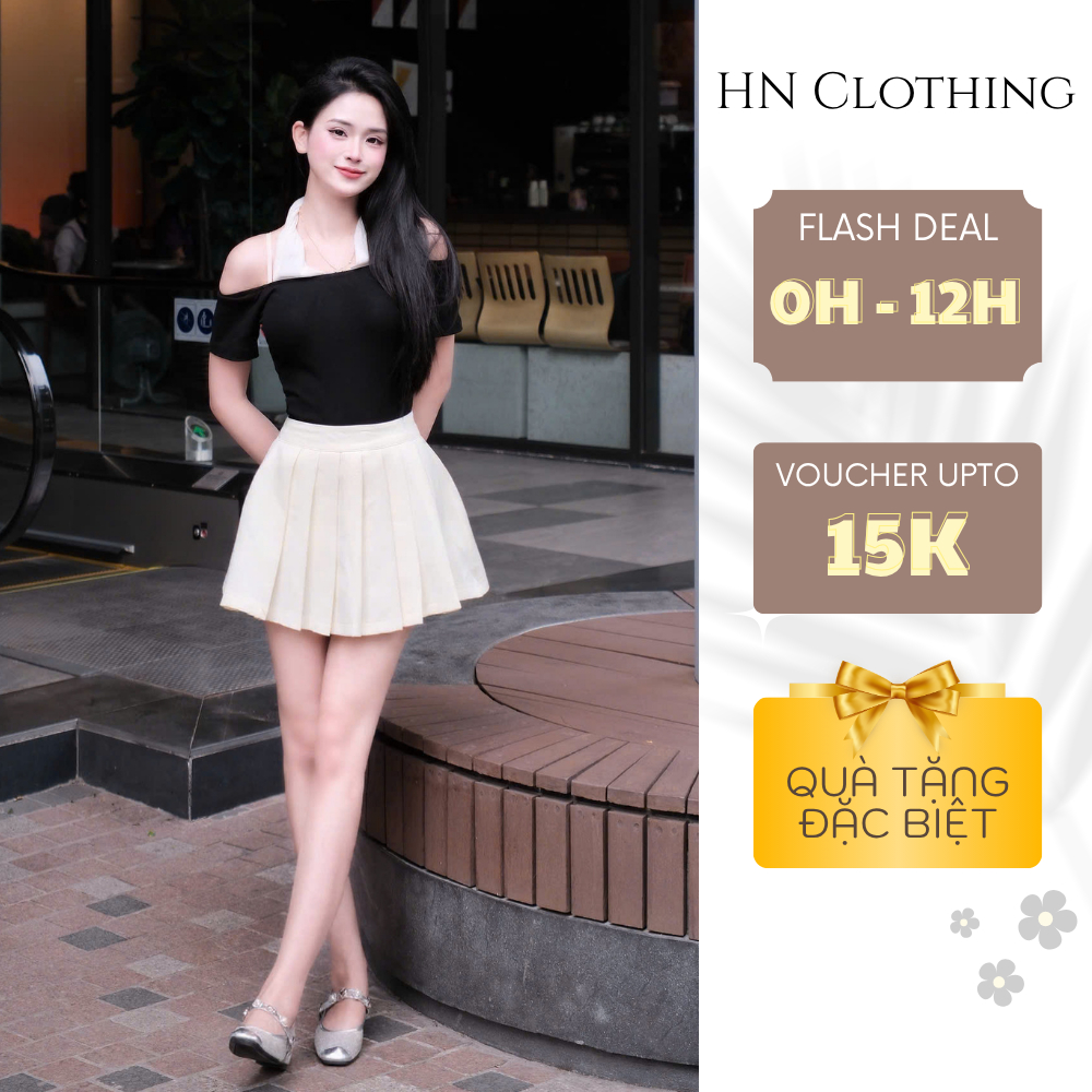 Set áo trễ vai nữ phối chân váy ngắn xếp ly form xòe phong cách Hàn Quốc trẻ trung HN Clothing S159