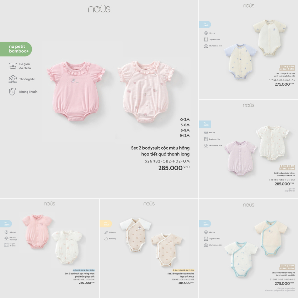 Set 2 Bodysuit Cộc Tay Nous Premium, Body Chip Cộc Cho Bé Xinh Xắn Mát Mẻ