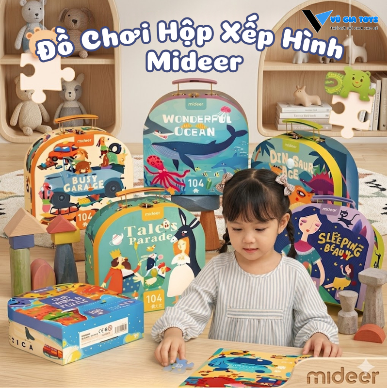 Đồ Chơi Xếp Hình Mideer Vali Gift Box Puzzle 104 Mảnh-Bộ Đồ Chơi Ghép Hình Khủng Long,Đại Dương,Xe C