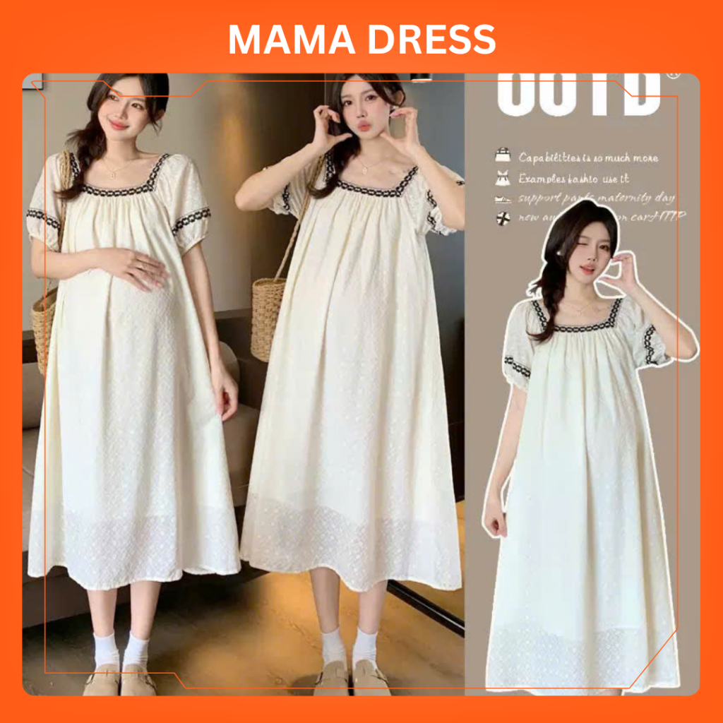 Đầm bầu xinh MAMA DRESS thiết kế cổ vuông viền ren đẹp chất thêu hoa 2 lớp cho mẹ bầu thoải mái dễ c