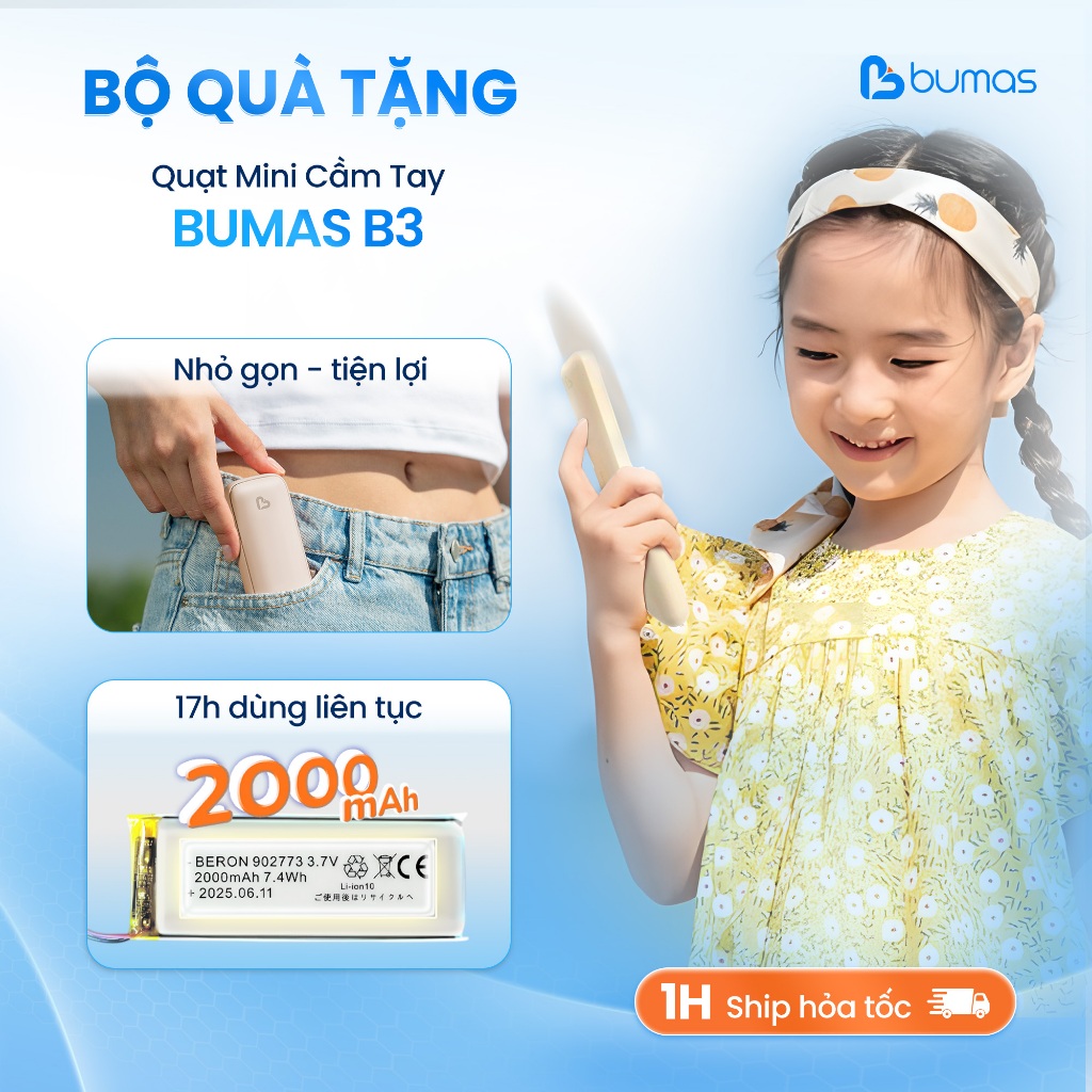 Quạt Mini An Toàn BUMAS B3, Quạt Siêu Mỏng Nhẹ, Bền Bỉ -Sử Dụng 17H, 3 Cấp Độ Gió - QUÀ TẶNG BẠN NHỎ