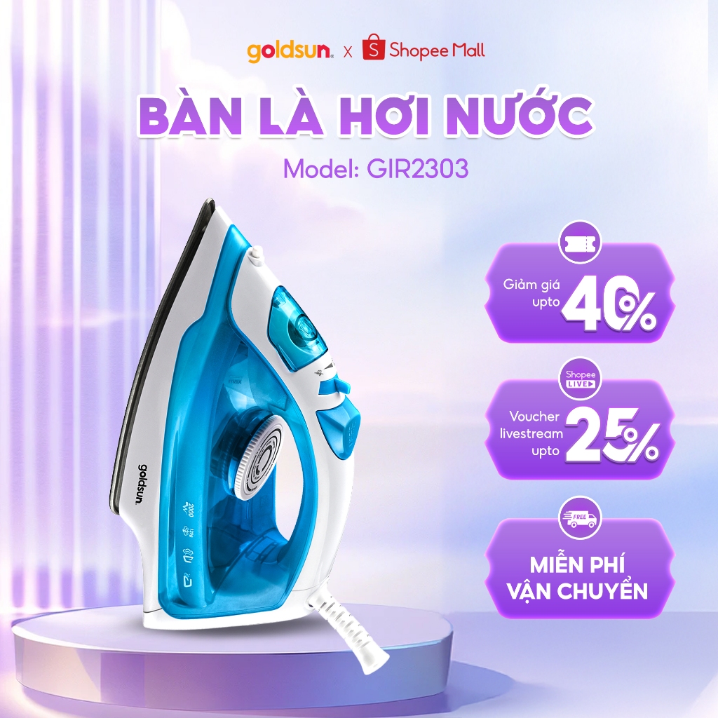 Bàn là hơi nước Goldsun GIR2303 - 2000W, Dung lượng bình chứa 200ml, Chống dính cao cấp