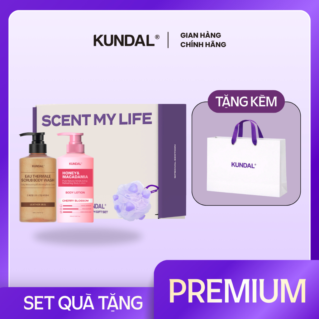 Set Quà Tặng Chăm Sóc Da Body KUNDAL – Sữa Tắm Tẩy Tế Bào Chết + Sữa Dưỡng Thể (Tặng Bông Tắm + Túi 