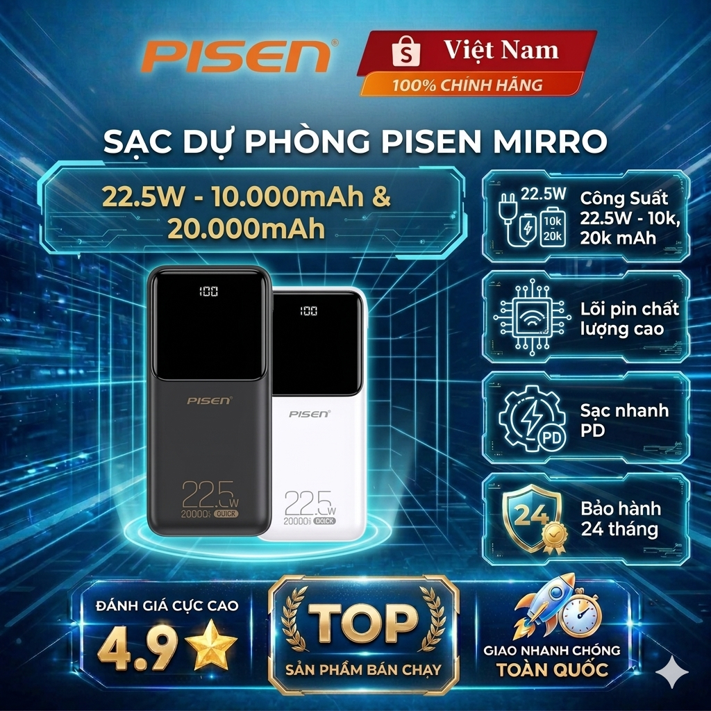 [Hỏa tốc] Sạc Dự Phòng PISEN Semi Mirror 10K 20K 30K - Pisen Việt Nam chuẩn CCC