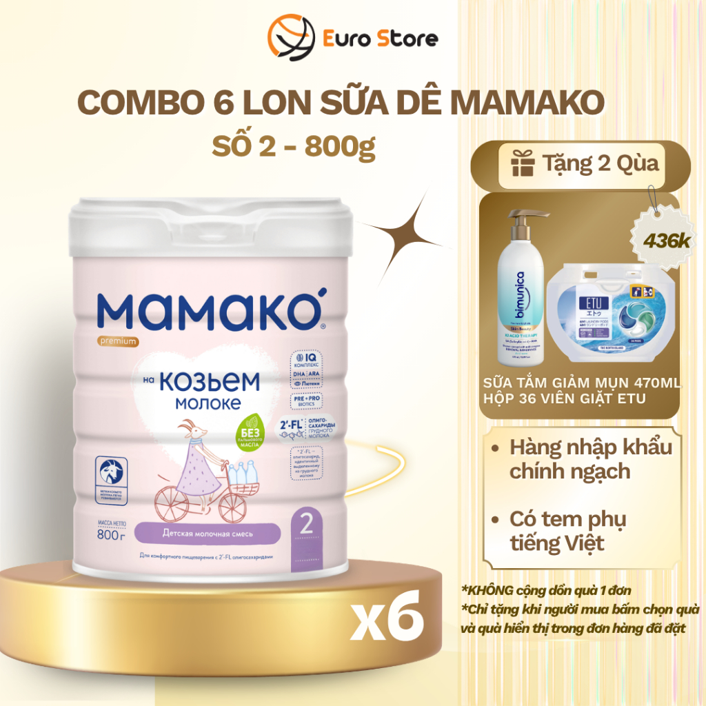 [Date 2027] Thùng 6 Lon Sữa Dê MAMAKO Số 2 800g, Eurostore