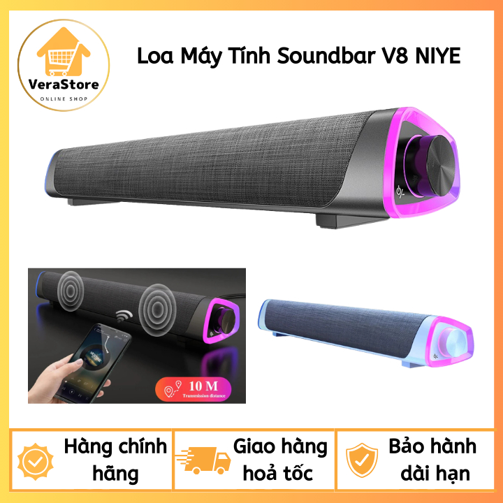 Loa SoundBar Bluetooth, Có dây cắm Led RGB Niye V8 âm thanh vòm 8D sống động chân thực