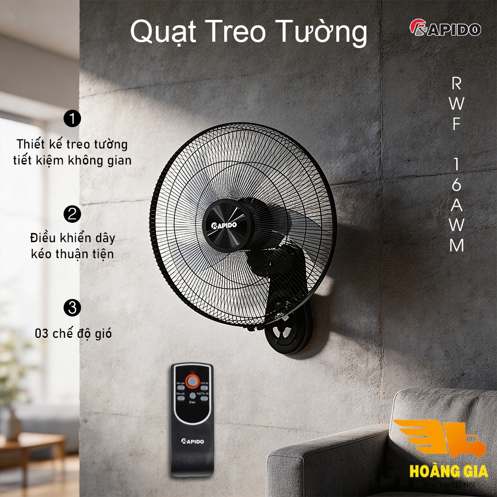 Quạt Treo Tường Rapido RWF_16AWD Kèm Điều Khiển Từ Xa - Quạt Treo Tường Mini Rapido Tiết Kiệm Điện