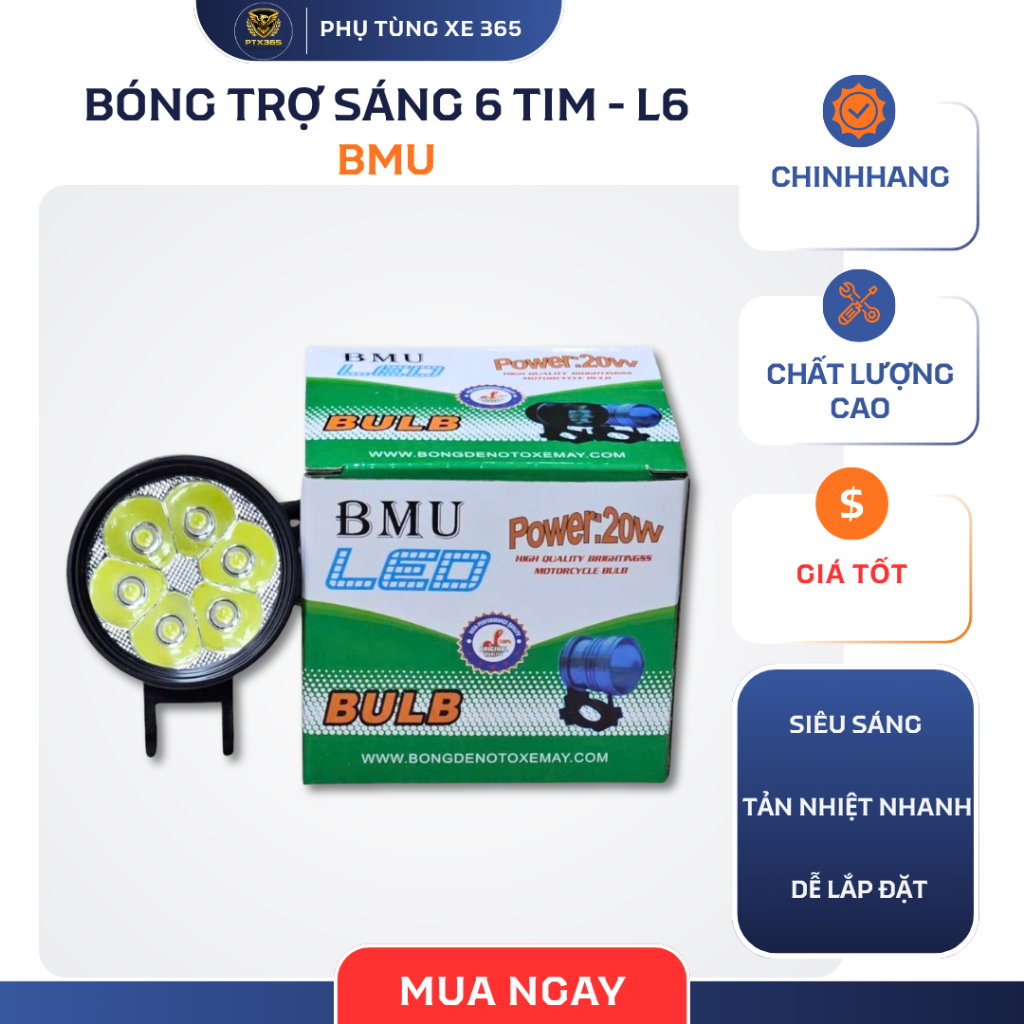Bóng Trợ Sáng BMU 6 Tim L6 – Đèn LED Trợ Sáng Xe Máy Siêu Sáng, Ánh Sáng Mạnh, Dễ Lắp