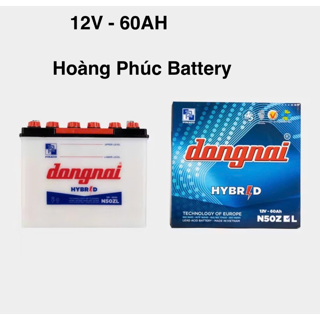 Bình ắc quy nước 12v Hybrid đồng nai N50ZL | 12V - 60ah (tặng kèm NƯỚC châm bình)
