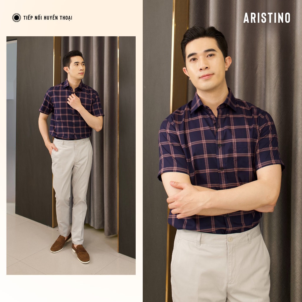 Áo Sơ Mi Nam Kẻ caro Aristino Business tay ngắn dáng Fiero cotton thấm hút doanh nhân 1SS009AS2