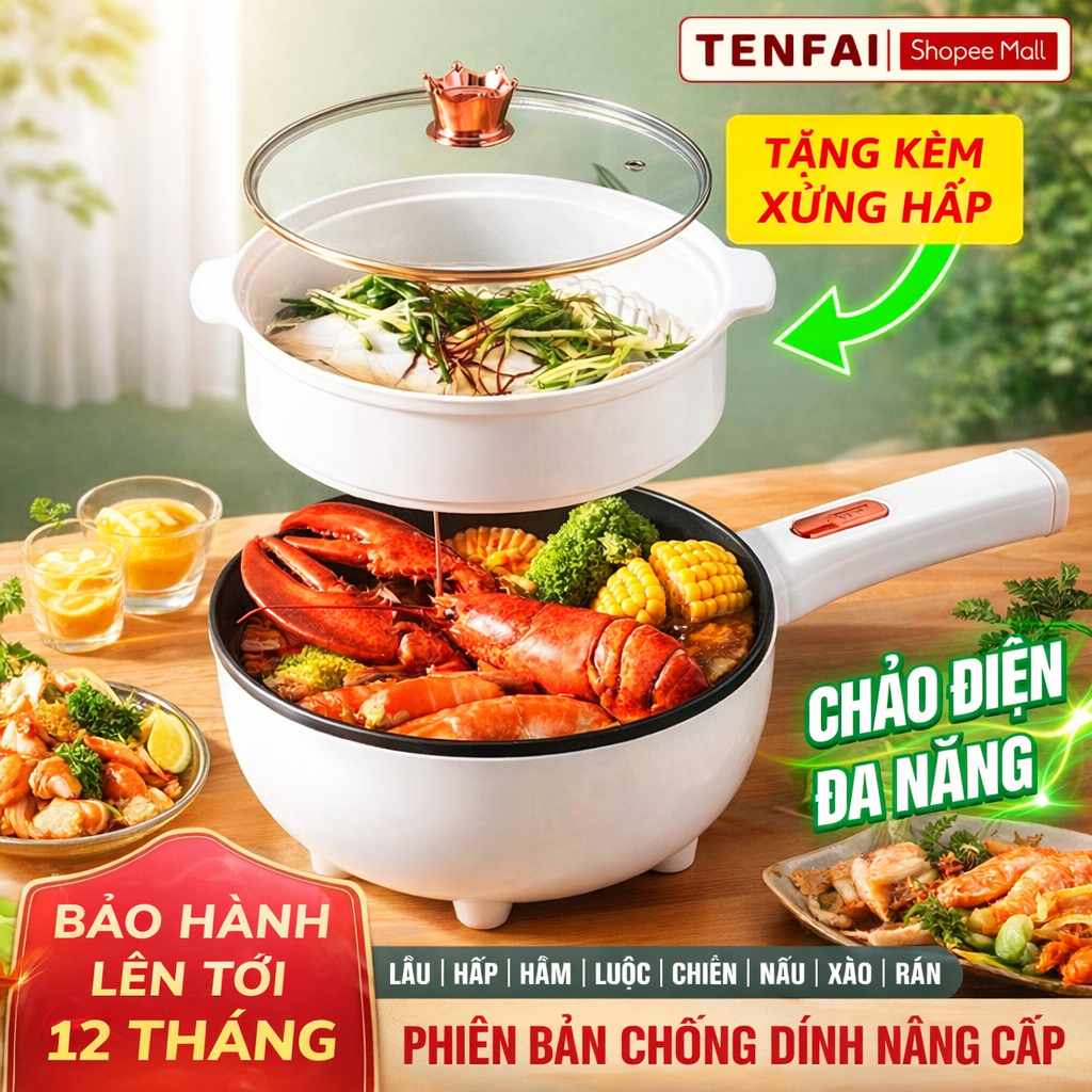 Chảo Điện Đa Năng Chống Dính Dung Tích 3L Có Tay Cầm Dài, Combo Chỉnh Nhiệt Độ Nấu Siêu Tiện Lợi