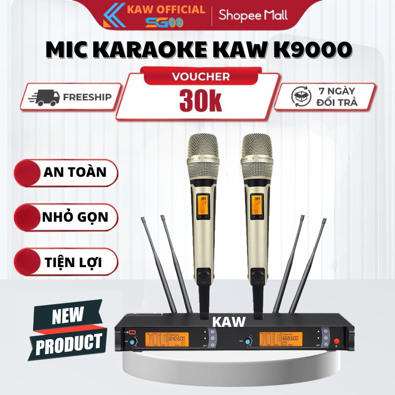 Bộ Micro Không Dây Kèm Đầu Thu Cao Cấp KAW K9000, Âm Thanh Chân Thực, Màn Hình LED, Chống Trượt