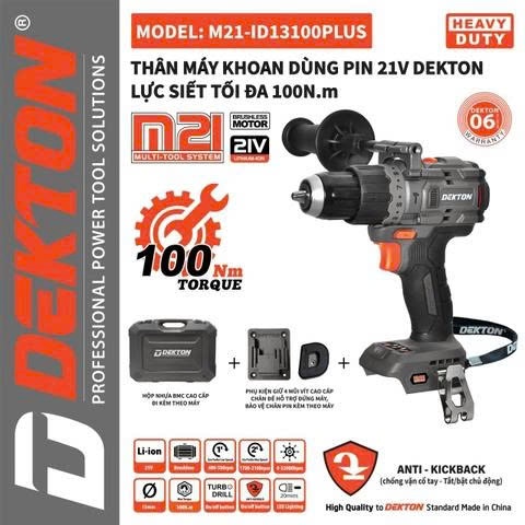 Máy khoan pin 13mm Dekton D20-ID131000plus BODY (vali xám)