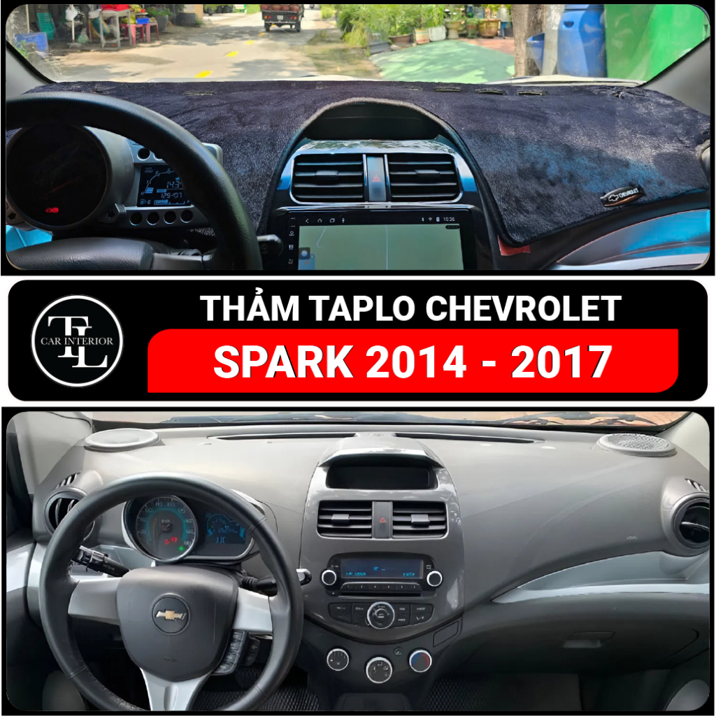 Thảm phủ taplo Chevrolet Spark 2014 đến 2017 nhung lông cừu, da carbon, da fiber cao cấp, TL Auto