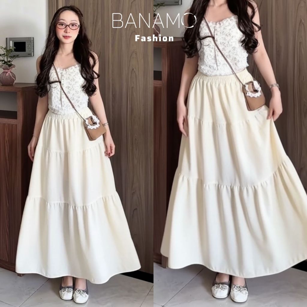 Chân váy nữ BIGSIZE Banamo Fashion váy trơn xếp ly nhún 3 tầng dáng dài chất đũi vân mây nhiều màu siêu xinh 520 | BigBuy360 - bigbuy360.vn