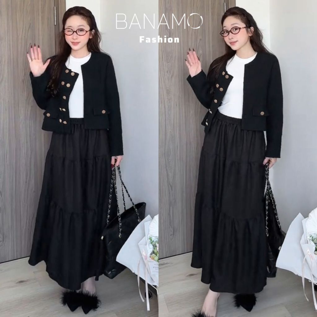 Chân váy nữ BIGSIZE Banamo Fashion váy trơn xếp ly nhún 3 tầng dáng dài chất đũi vân mây nhiều màu siêu xinh 520 | BigBuy360 - bigbuy360.vn