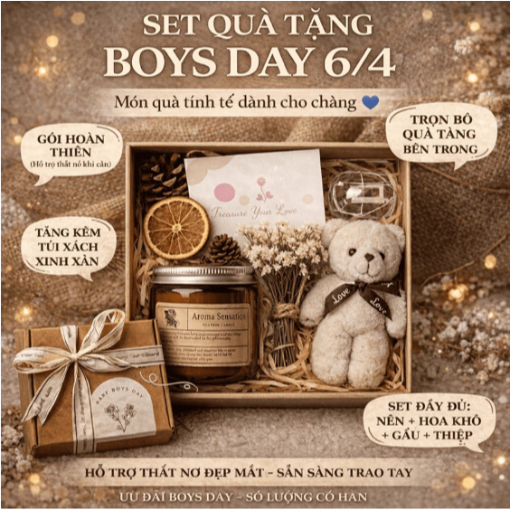 Set Quà Tặng Boys Day 6/4 Nam Tính LE CADEAU GIFT SHOP - Combo Nến Thơm & Gấu Bông Vintage - Quà Tặn