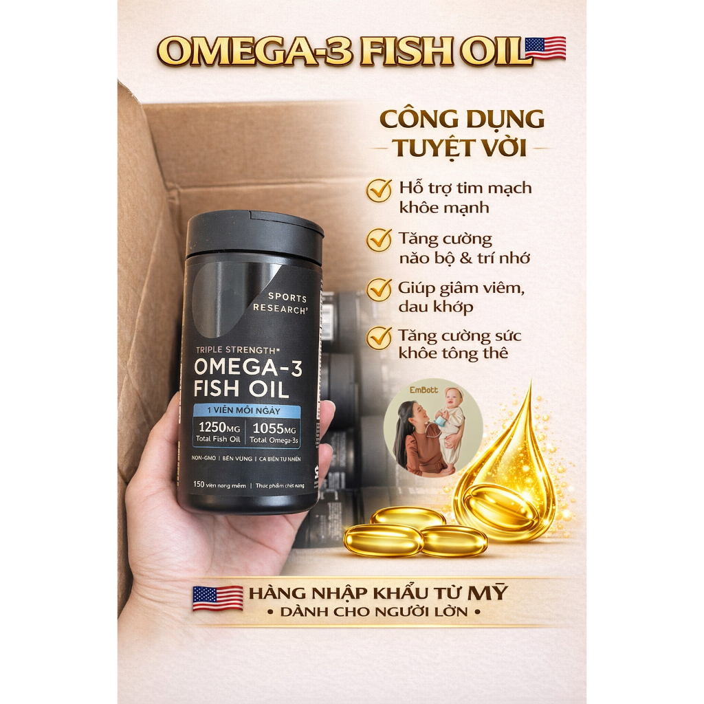 OMEGA 3 FISH OIL SR Dầu cá 1250mg lọ 150v hàng Mỹ Embott