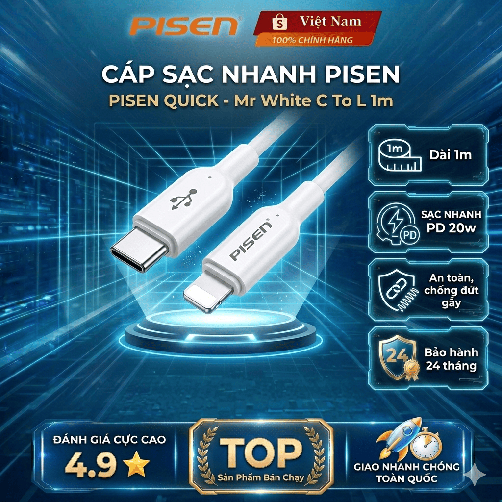 Cáp sạc nhanh PISEN Quick PD 20W C to L Mr White 1000mm - Pisen Việt Nam Bảo Hành 24 Tháng