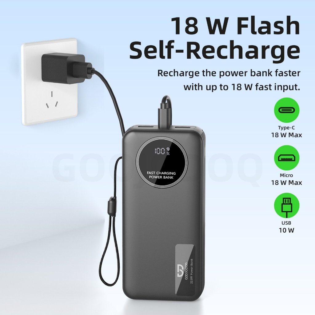 Sạc Dự Phòng 20000mAh GOOJODOQ 9 Cổng PD20W, 22.5W, Dây Cáp Tích Hợp, Màn Hình Số, Đèn Pin | BigBuy360 - bigbuy360.vn