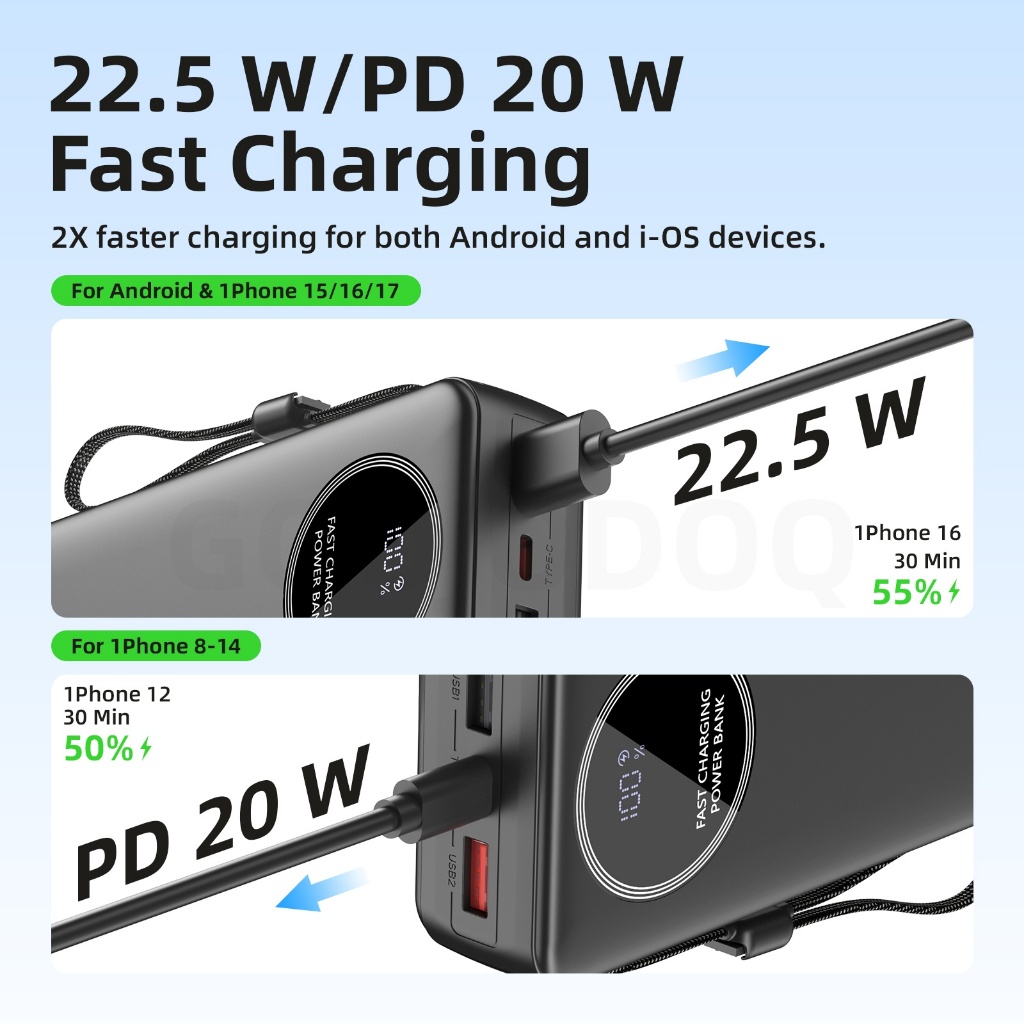 Sạc Dự Phòng 20000mAh GOOJODOQ 9 Cổng PD20W, 22.5W, Dây Cáp Tích Hợp, Màn Hình Số, Đèn Pin | BigBuy360 - bigbuy360.vn