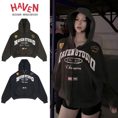 Áo Khoác Hoodie Wash Haven Studio nam nữ form boxy chất nỉ cua màu đen và xanh than