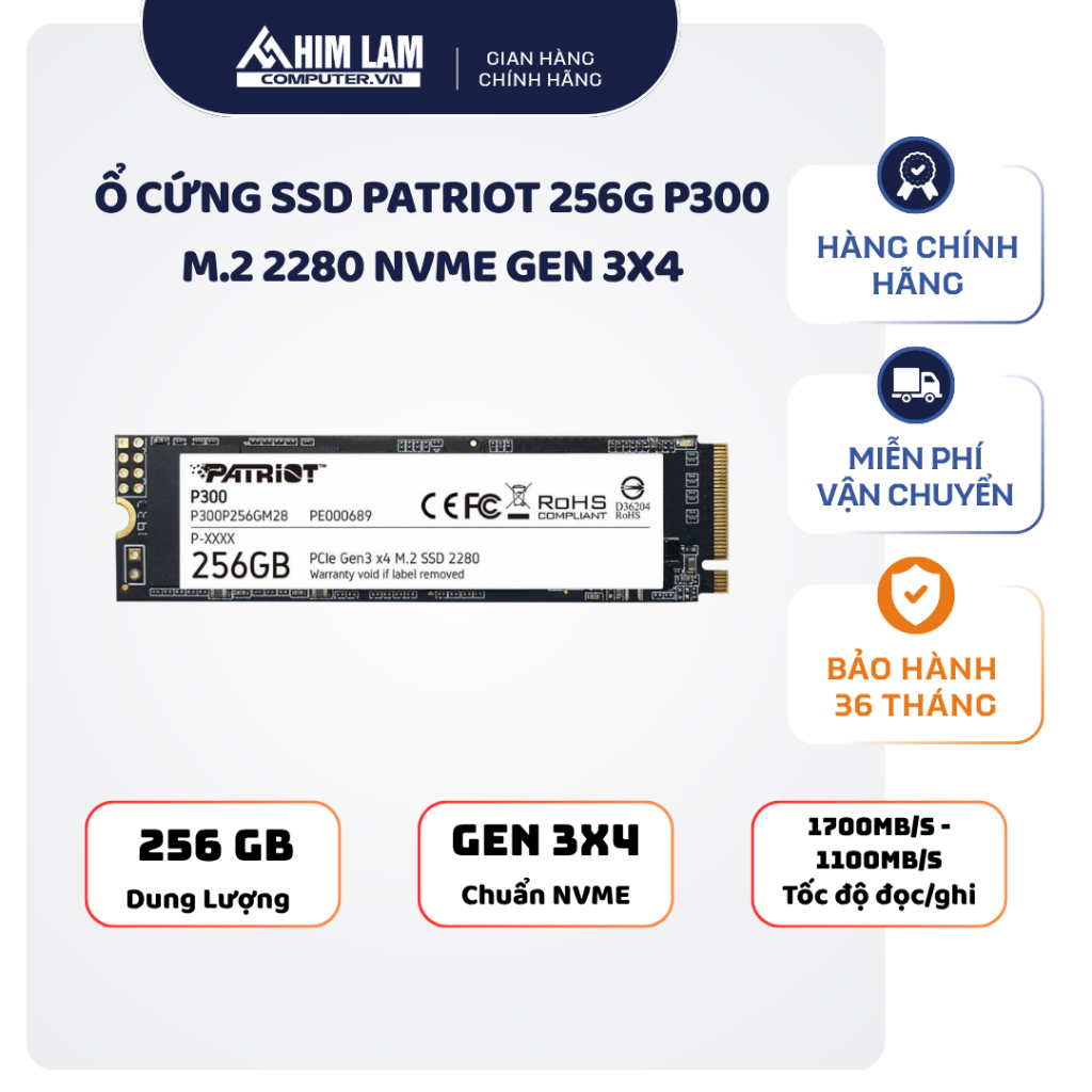 Ổ Cứng SSD 256GB Patriot P300 M2 2280 NVMe Bảo hành 36 tháng Full VAT