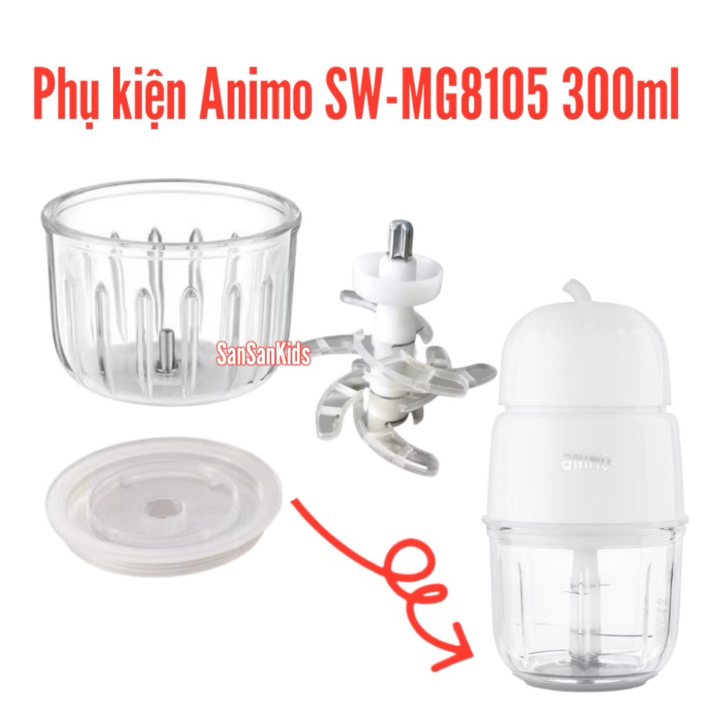 Cối thuỷ tinh máy xay Animo SW-MG8105 Lưỡi dao máy xay ăn dặm Animo Nắp nhựa kèm dây ron Animo