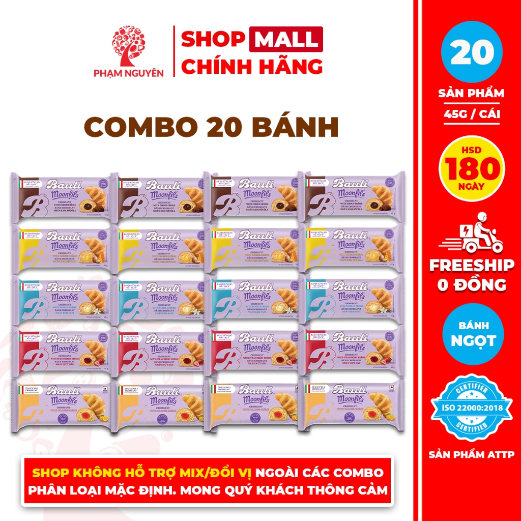 Combo 20 Bánh Sừng Bò Bauli Moonfils Phạm Nguyên 45g | Bánh ăn sáng tiện lợi | Bánh sừng trâu