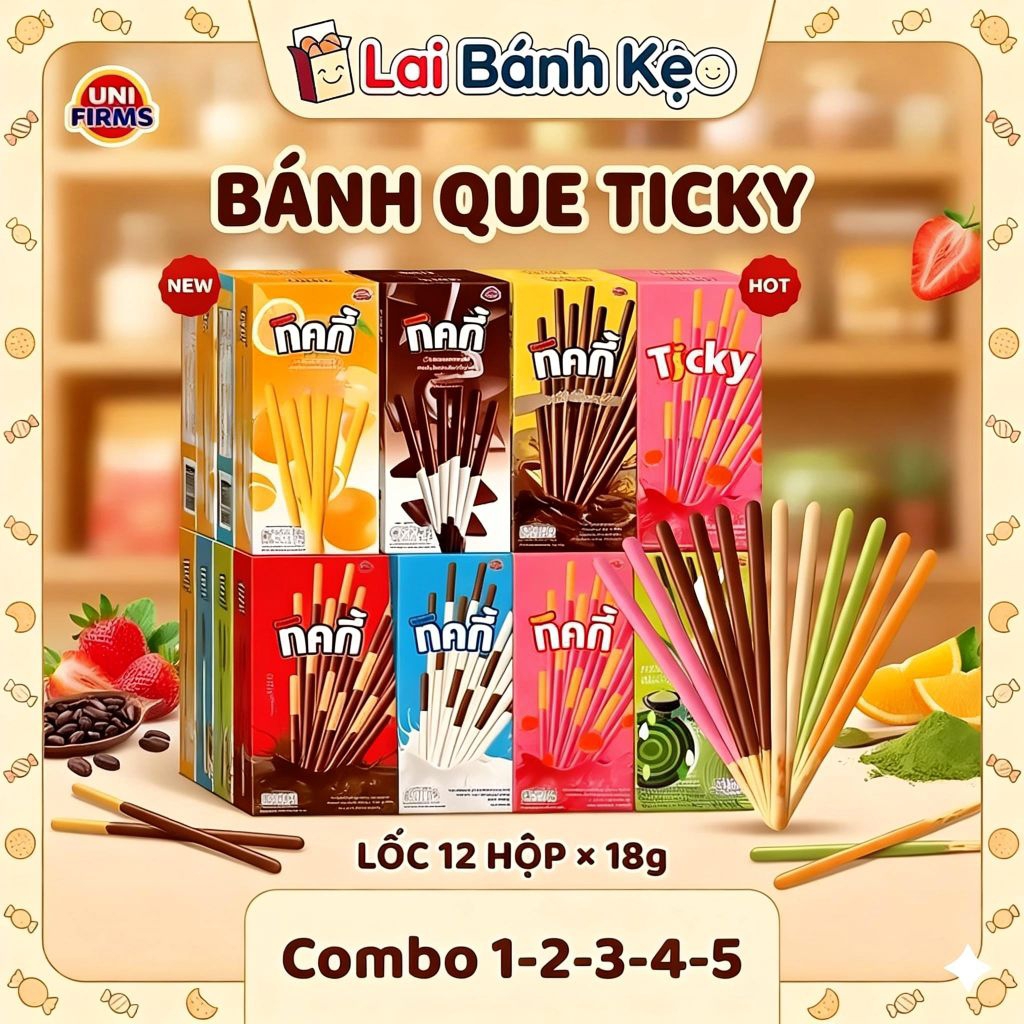 [Combo 2-3-4-5] Lốc 12 Hộp Bánh Que Ticky Thái Lan Mix đủ vị, Hộp ×18g ( Hoặc tự Mix )