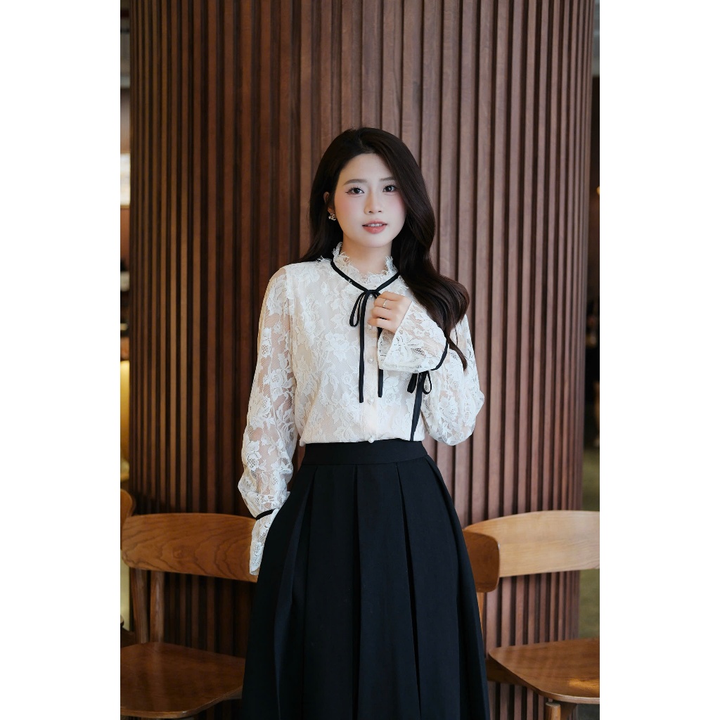 Áo sơ mi ren Nhật cổ bèo phối dây nơ đen buộc nơ tay loe phong cách tiểu thư HERIN - AS02 - 2
