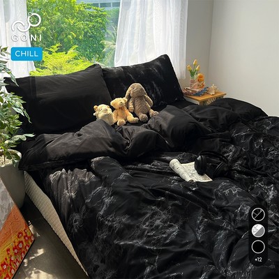 Bộ vỏ chăn mền ga gối GONI CHILL màu Đen Cẩm Thạch - Ga drap giường bo chun cao 4-25cm kích thước 1m,1m2,1m4,1m6,1m8,2m2