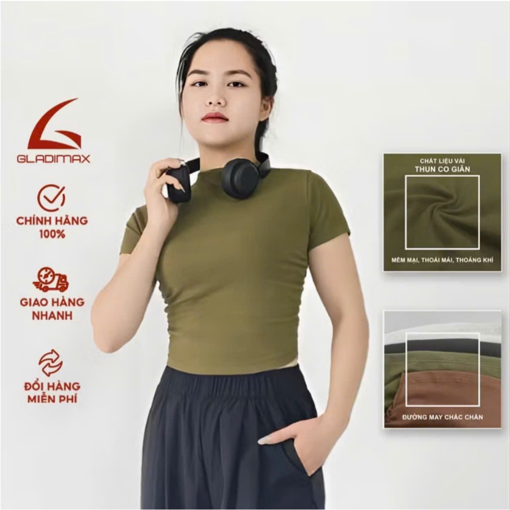 Áo Croptop cộc tay Gladimax F88 chất thun cotton co giãn, cổ cao, nhún eo cá tính, trẻ chunggg