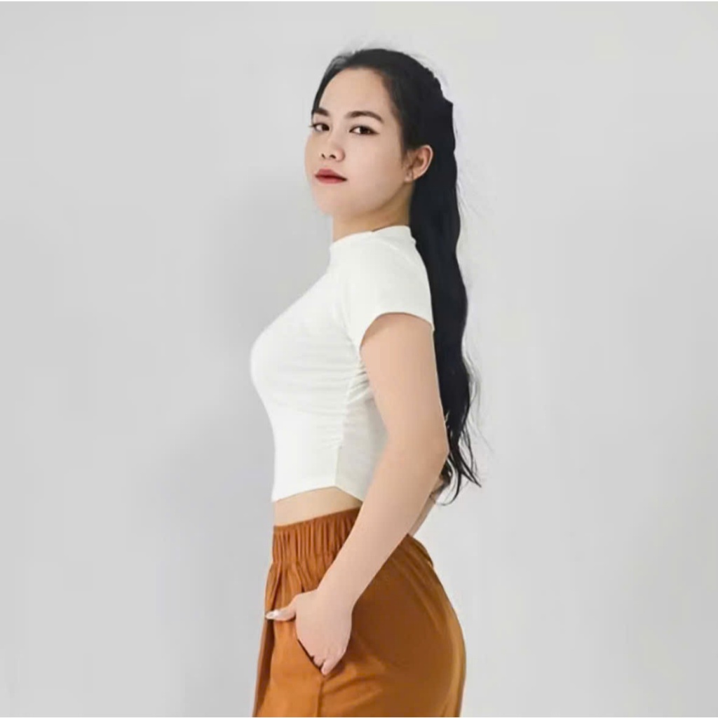 Áo Croptop cộc tay Gladimax F88 chất thun cotton co giãn, cổ cao, nhún eo cá tínhhh, trẻ chung