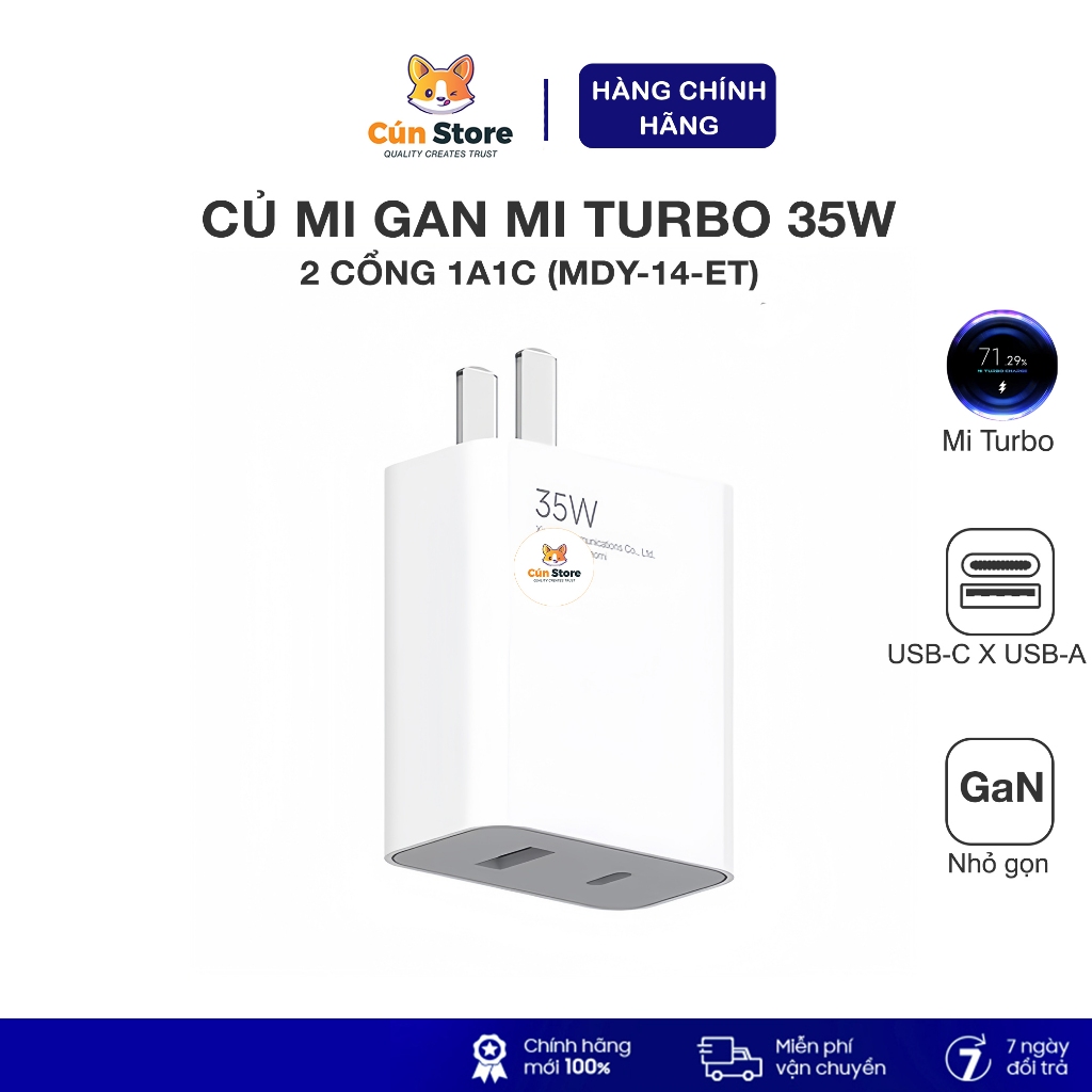 Củ sạc Mi GaN 35W, 2 cổng 1C1A (MDY-14-ET) hỗ trợ Mi Turbo, an toàn, nhỏ gọn | Bảo hành 6 tháng