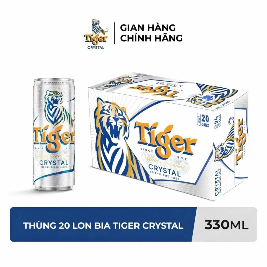 Bia Tiger Crystal (Tiger Bạc) - Thùng 20 Lon 330ml - Vị Êm Sảng Khoái - Hàng Chính Hãng