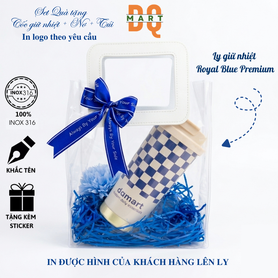 Giftset DQMart Bình giữ nhiệt Việt Nam Premium in hình, khắc tên theo yêu cầu, quà tặng văn phòng, t