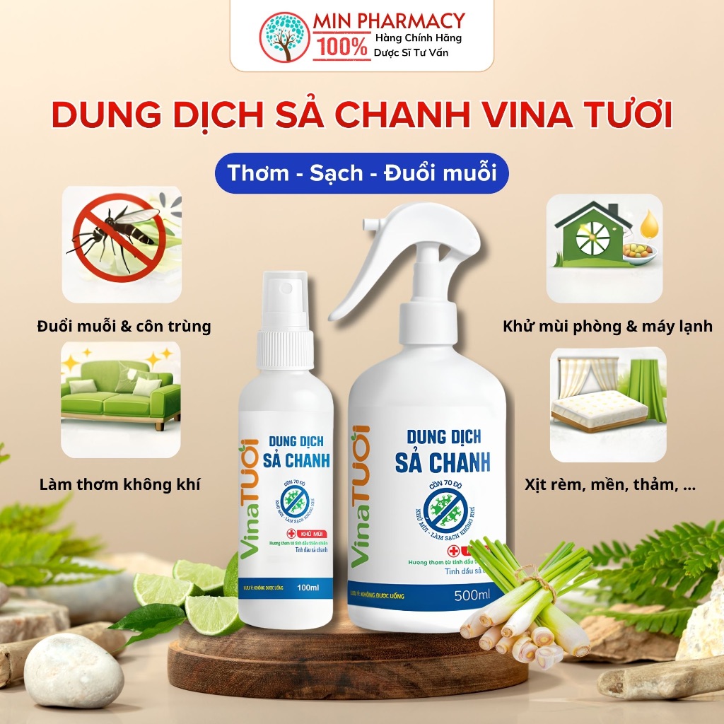 Dung Dịch Sả Chanh Vina Tươi Khử Mùi, Đuổi Muỗi, Làm Thơm Phòng & Máy Lạnh (100ml / 500ml)