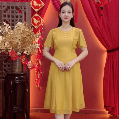 Đầm xòe trung niên cho mẹ - Cổ tròn kết nút tay ngắn - Màu Vàng đồng - TTV2032
