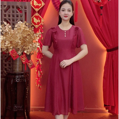 Đầm xòe trung niên cho mẹ - Cổ tròn kết nút tay ngắn - Màu Đỏ - TTV2032