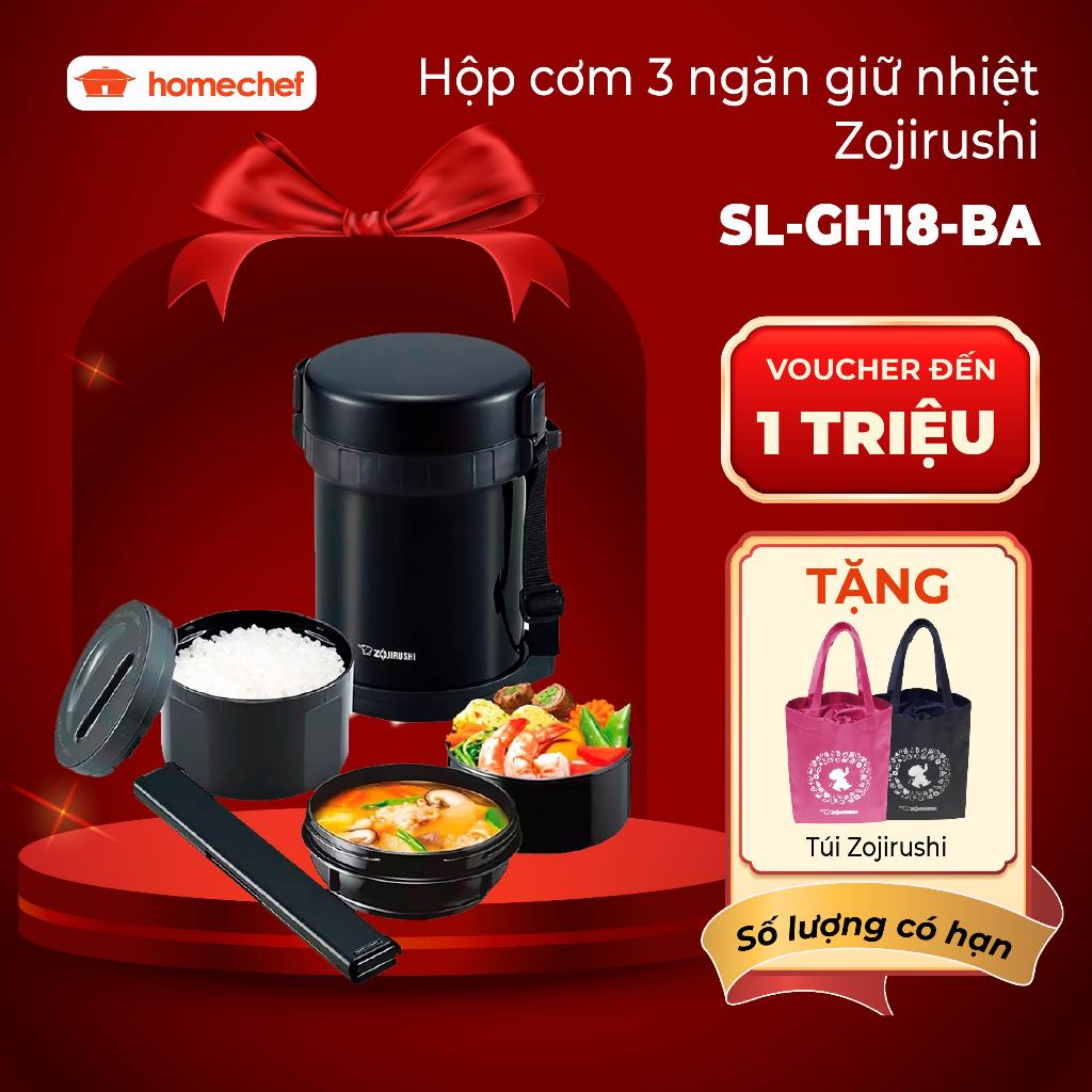 Hộp Cơm Giữ Nhiệt Zojirushi SL-GH18-BA 1.27L – Giữ Nóng Lên Đến 6 Tiếng, Thiết Kế 3 Ngăn Tiện Lợi