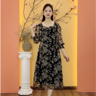 Đầm xòe 8 mảnh - Cổ vuông tim tay lỡ - Màu Đen hoa kem - TTV2038