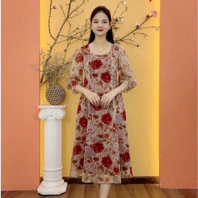 Đầm xòe 8 mảnh - Cổ vuông tim tay lỡ - Màu Đỏ hoa - TTV2038