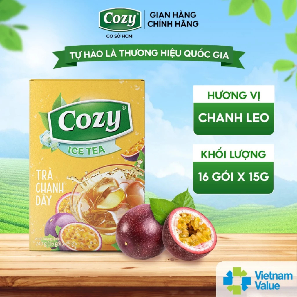 Trà Cozy Hoà Tan Ice Tea Vị Chanh Dây ( 240gr -16 Gói) Hương Trái Cây Tươi Mát Giải Khát