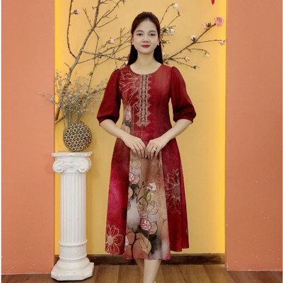 Đầm suông xòe trung niên cho mẹ - Cổ tròn tay lỡ - Màu Đỏ hoa - TTV2041