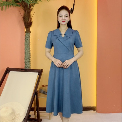 Đầm xòe trung niên cho mẹ - Cổ V tay ngắn - Màu Xanh - TTV2046