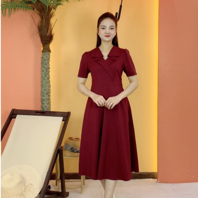 Đầm xòe trung niên cho mẹ - Cổ V tay ngắn - Màu Đỏ đô - TTV2046
