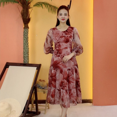 Đầm maxi trung niên cho mẹ - Cổ tròn tay dài - Màu Hồng trà hoa - TTV2054