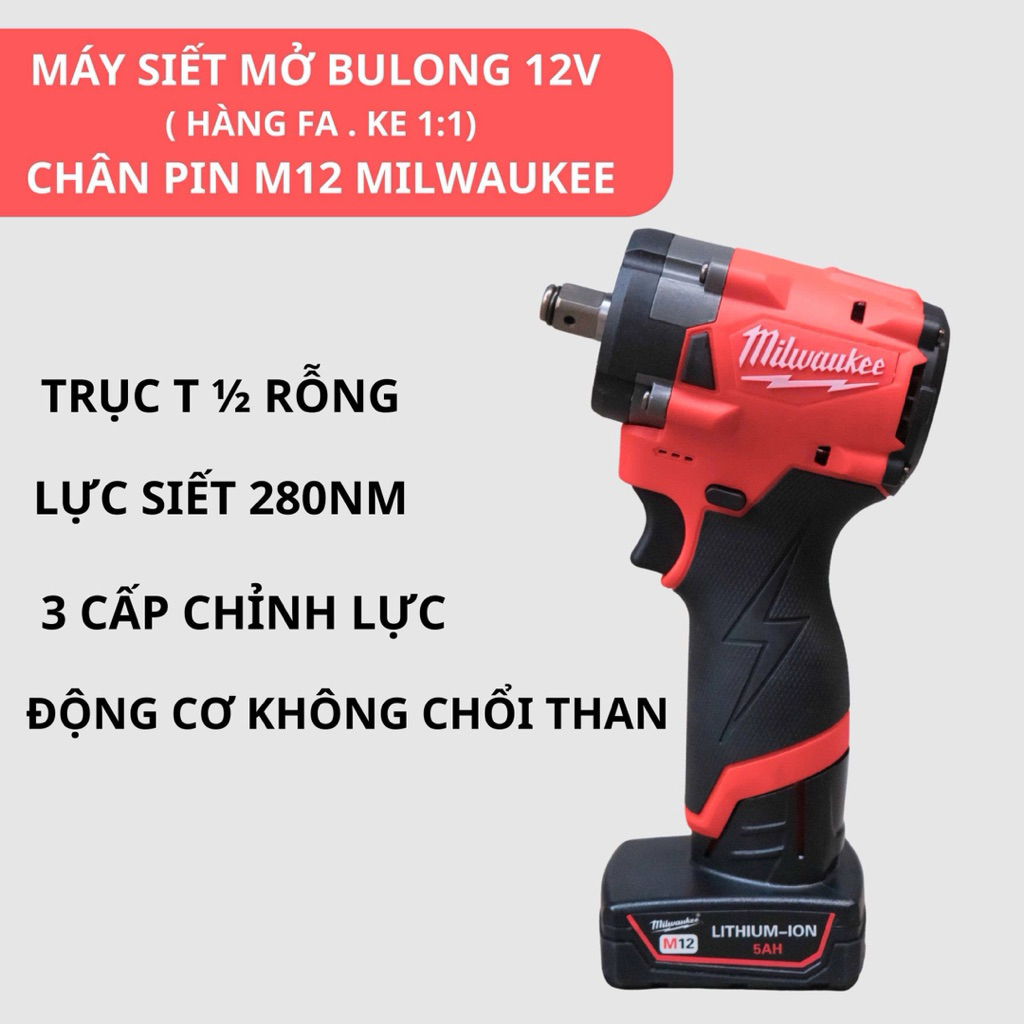 Máy siết mở bulong dùng pin milwaukee M12, đầu bulong 1/2 rỗng động cơ không than, Không bao gồm pin