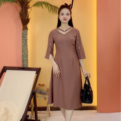 Đầm suông xòe - Cổ tim tay xẻ kết nút - Màu Nâu cafe - TTV2056